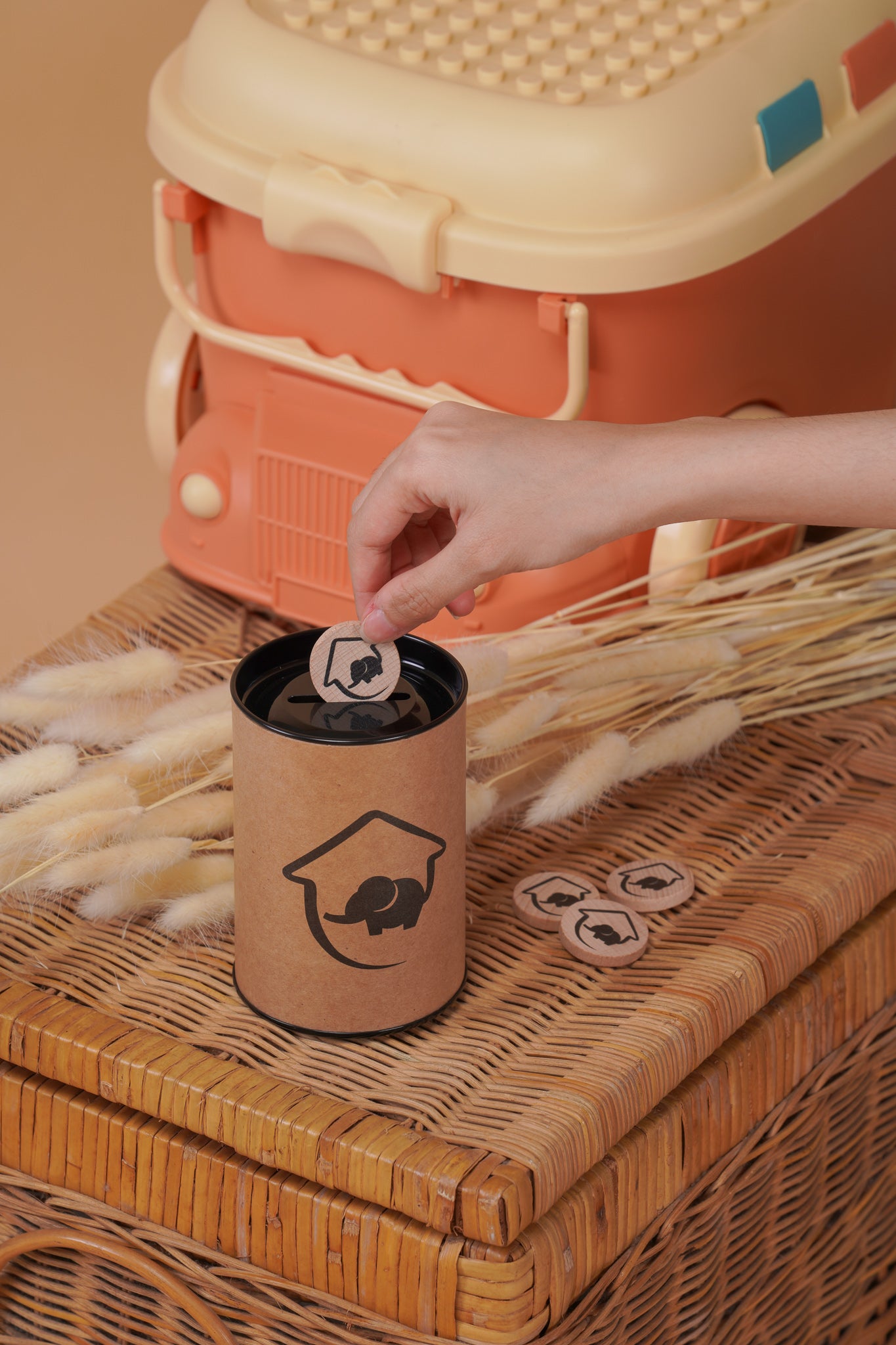 WOODEN COIN WITH JAR AND WOODEN CLOTH PEG