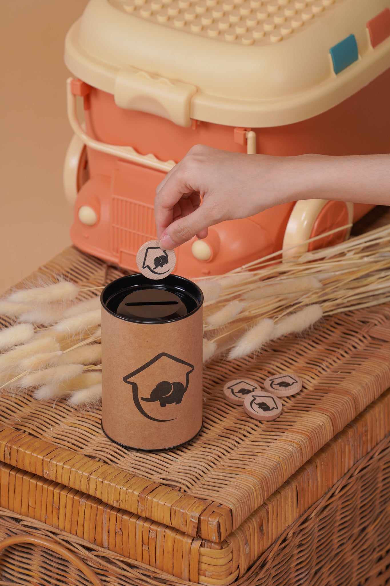 WOODEN COIN WITH JAR AND WOODEN CLOTH PEG