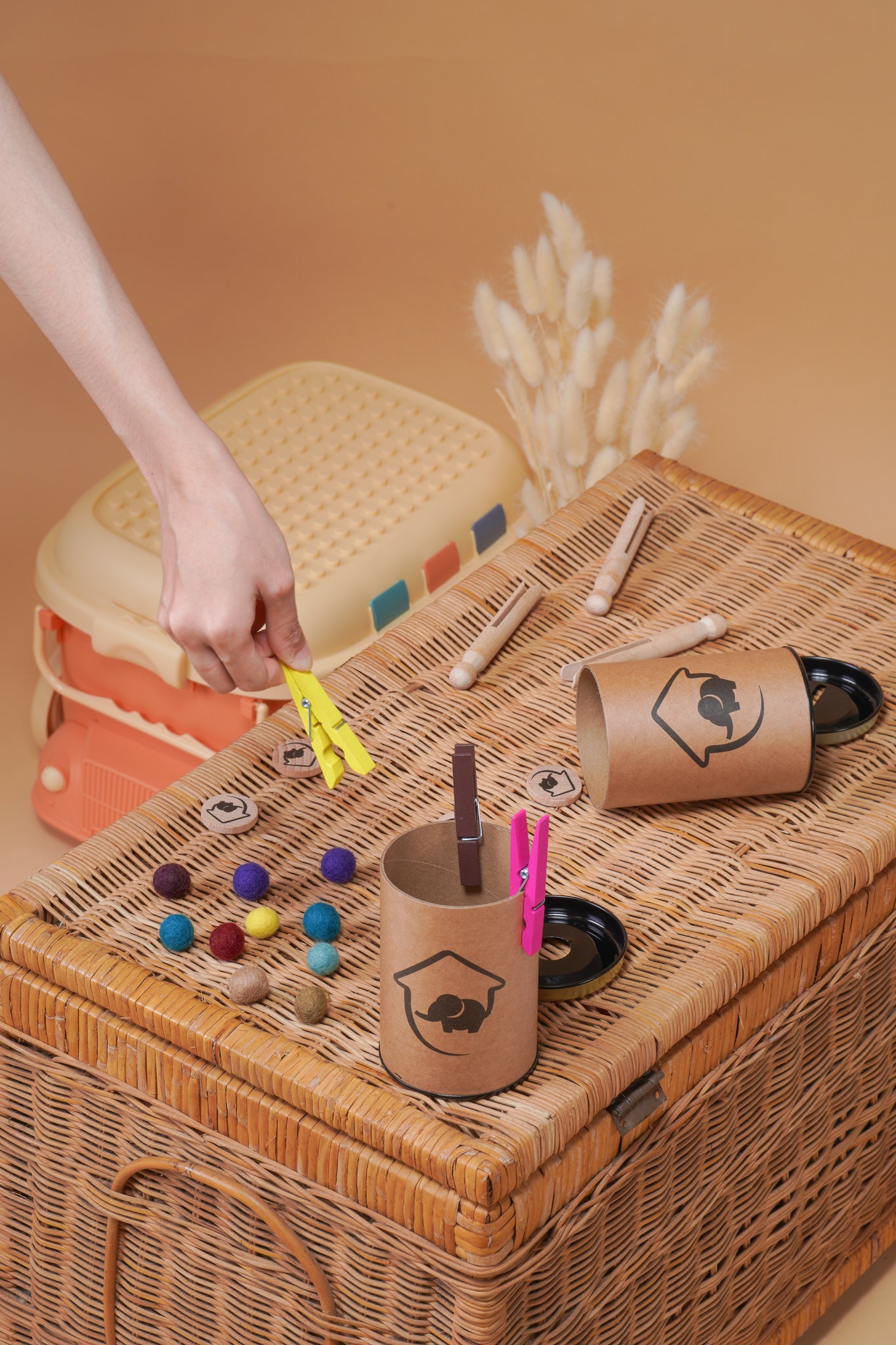 WOODEN COIN WITH JAR AND WOODEN CLOTH PEG