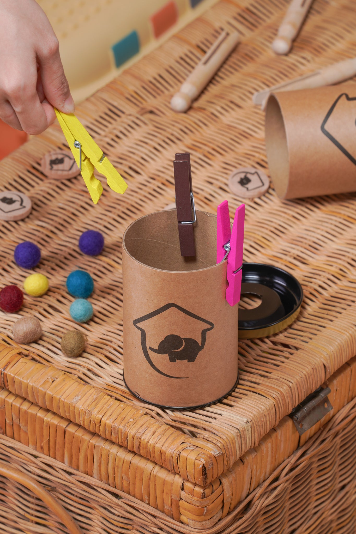 WOODEN COIN WITH JAR AND WOODEN CLOTH PEG